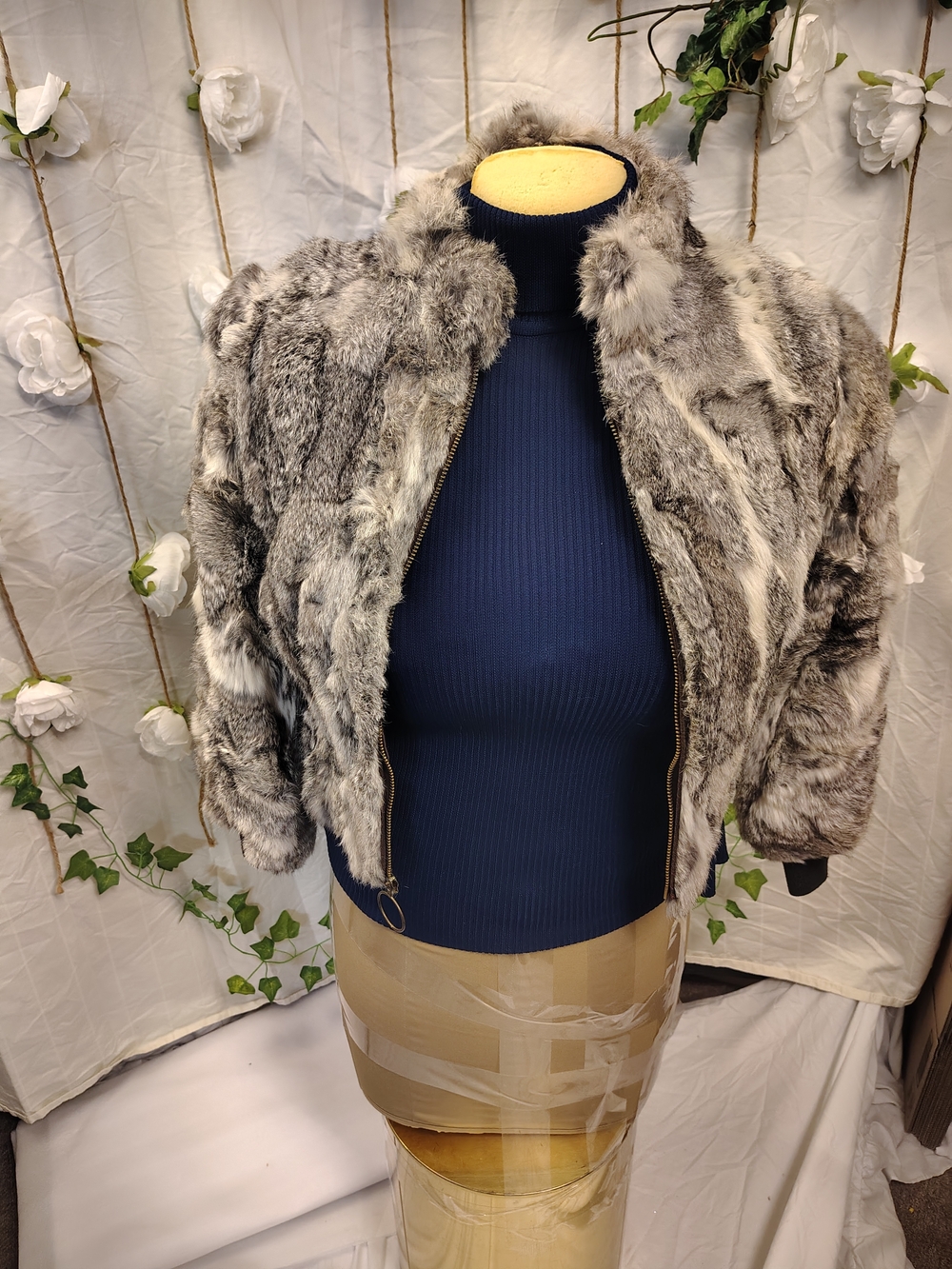 Rabbit Fur Bomber Jacket - Gray